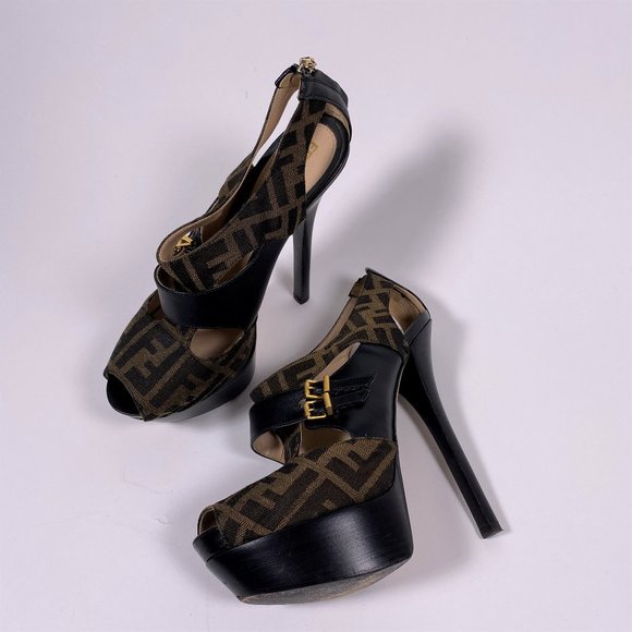 FENDI Brown Zucca Peep Toe Pumps - Picture 1 of 11